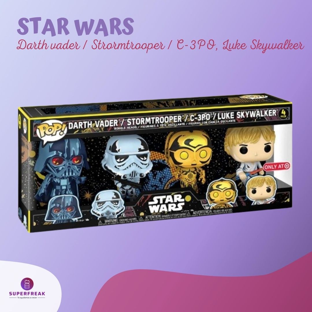 Figuras POP (Darth Vader, Stormtrooper, C3PO, Luke Skywalker)